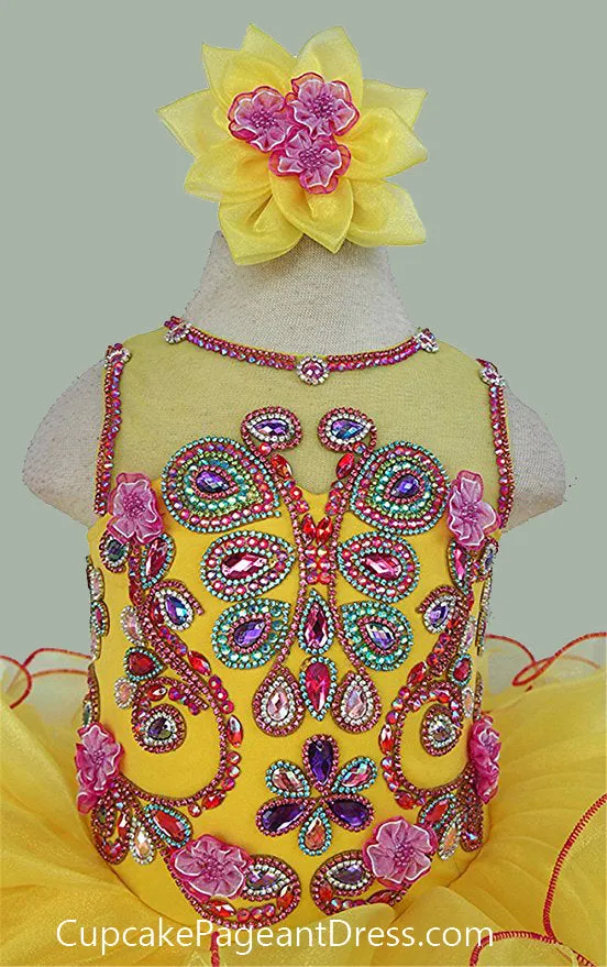 Little Princess Glitz Nations Yellow Cupcake Pageant Dress With Hair bow