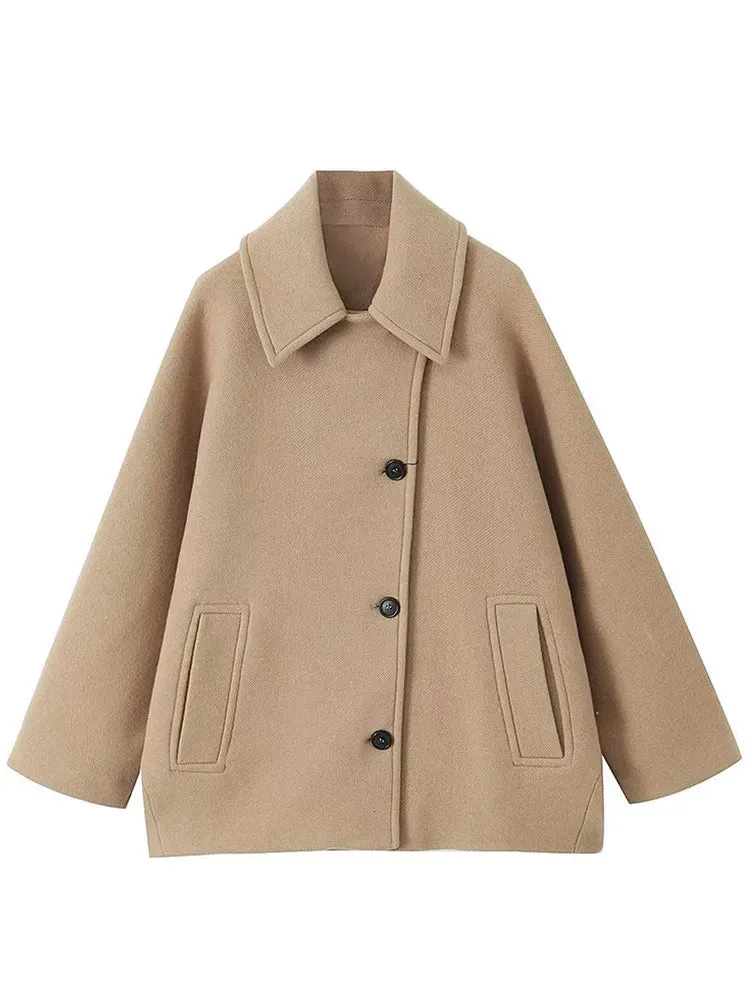 Loose Lapel Autumn Winter Long Single-breasted Elegant Solid Office Fashion Coat