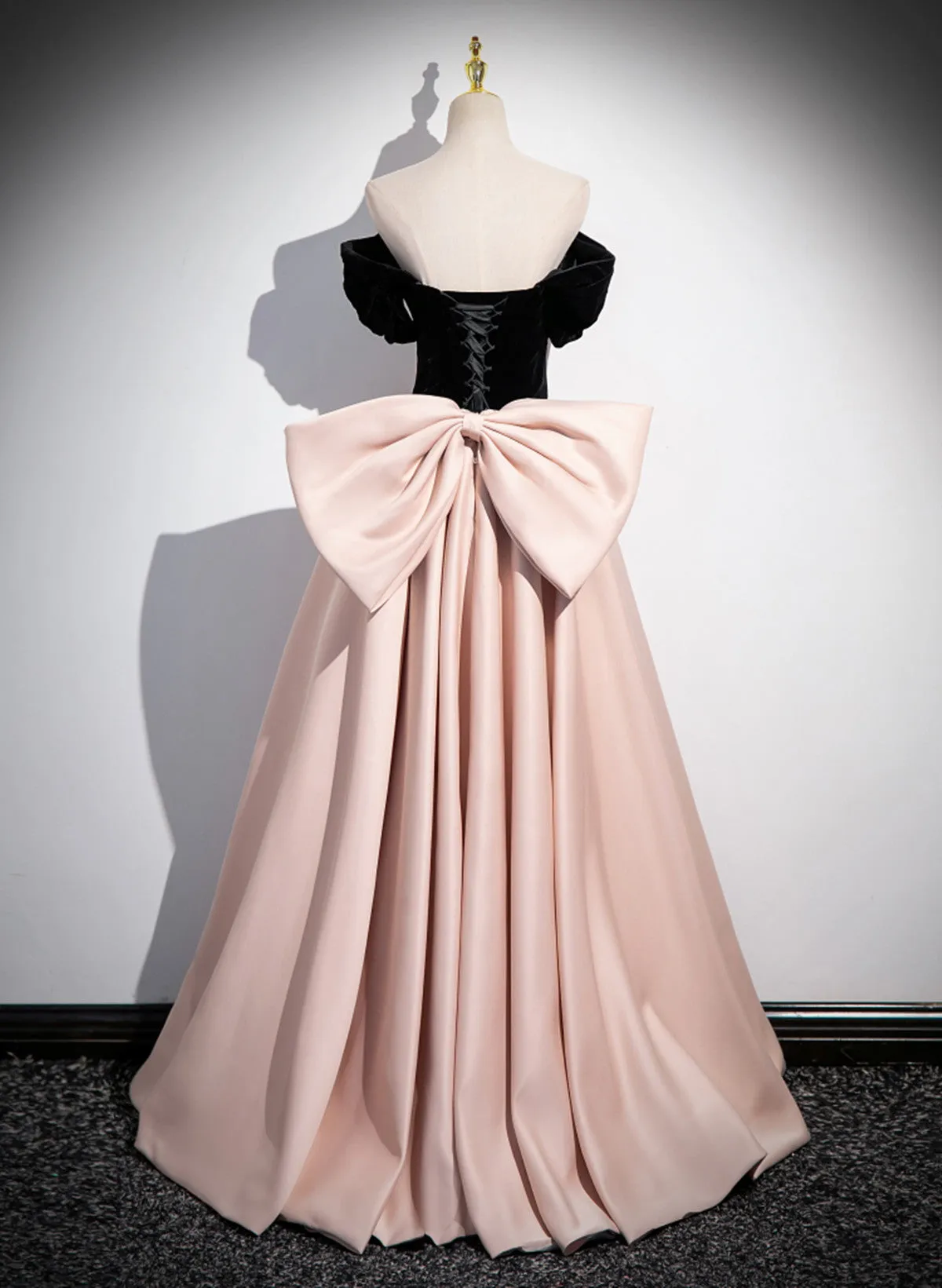 Lovely Pink and Black Off Shoulder Long Prom Dress with Bow, Pink Long Evening Dress