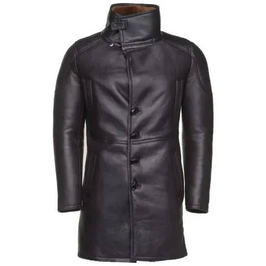 Men's Classic Black Sheepskin Shearling Trench Coat