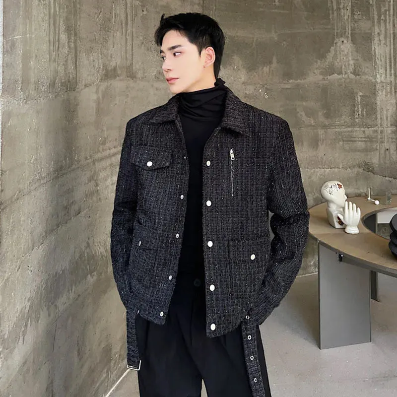 Men's Fashion Tweed Coat Korean Style Personality Plush Handsome Motorcycle Clothing Trend Classic Male Outerwear 9C2748