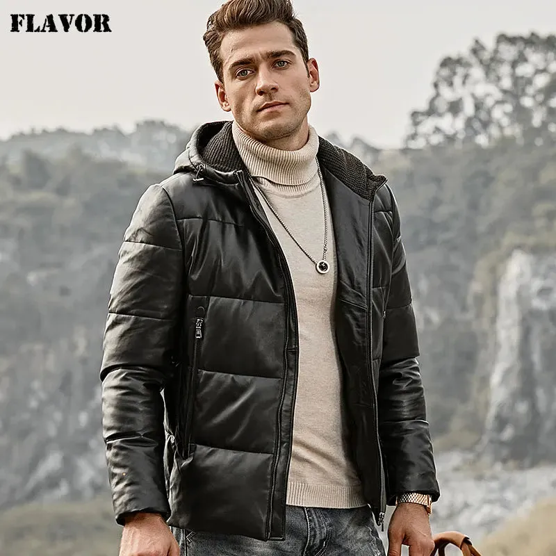 Men's Genuine Leather Down Coat with Hood