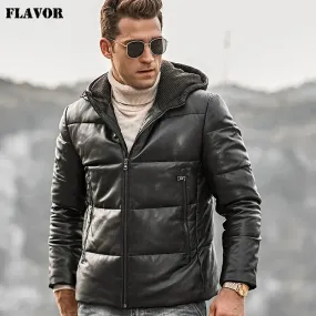 Men's Genuine Leather Down Coat with Hood