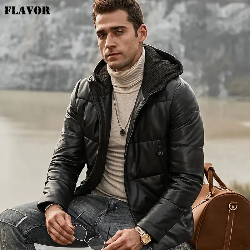 Men's Genuine Leather Down Coat with Hood