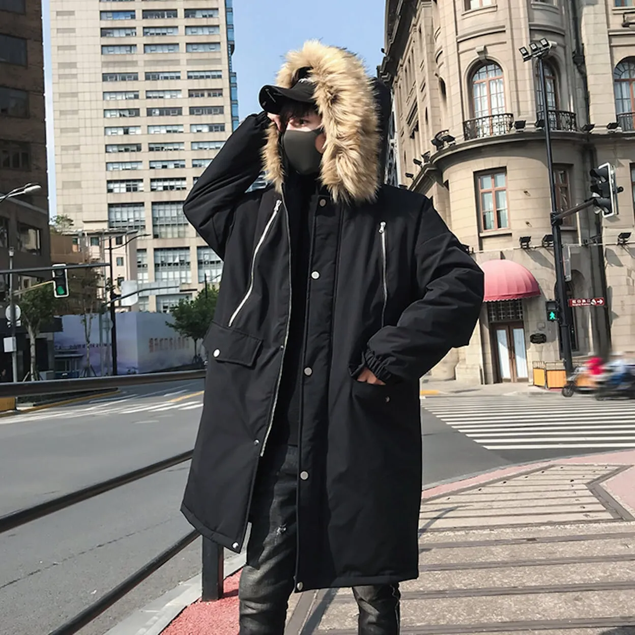 Mens Long Parka Jacket with Faux Fur Hood