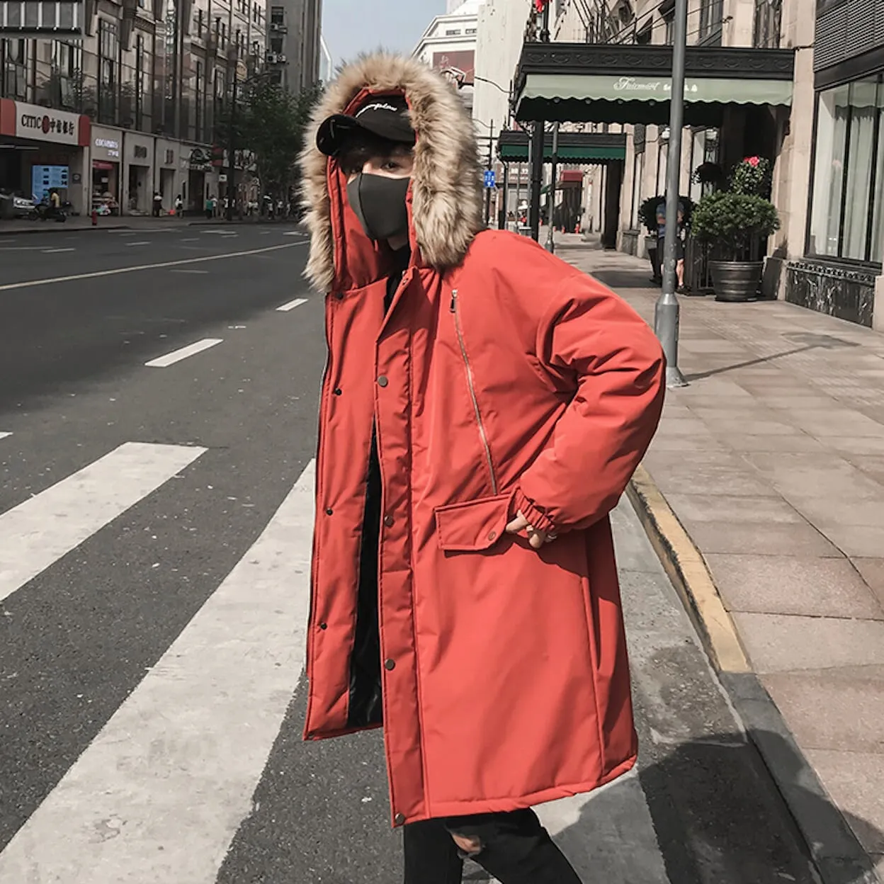 Mens Long Parka Jacket with Faux Fur Hood