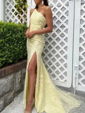 Mermaid One Shoulder Yellow Lace Long Prom Dresses with High Slit, Mermaid Yellow Formal Dresses, Yellow Lace Evening Dresses