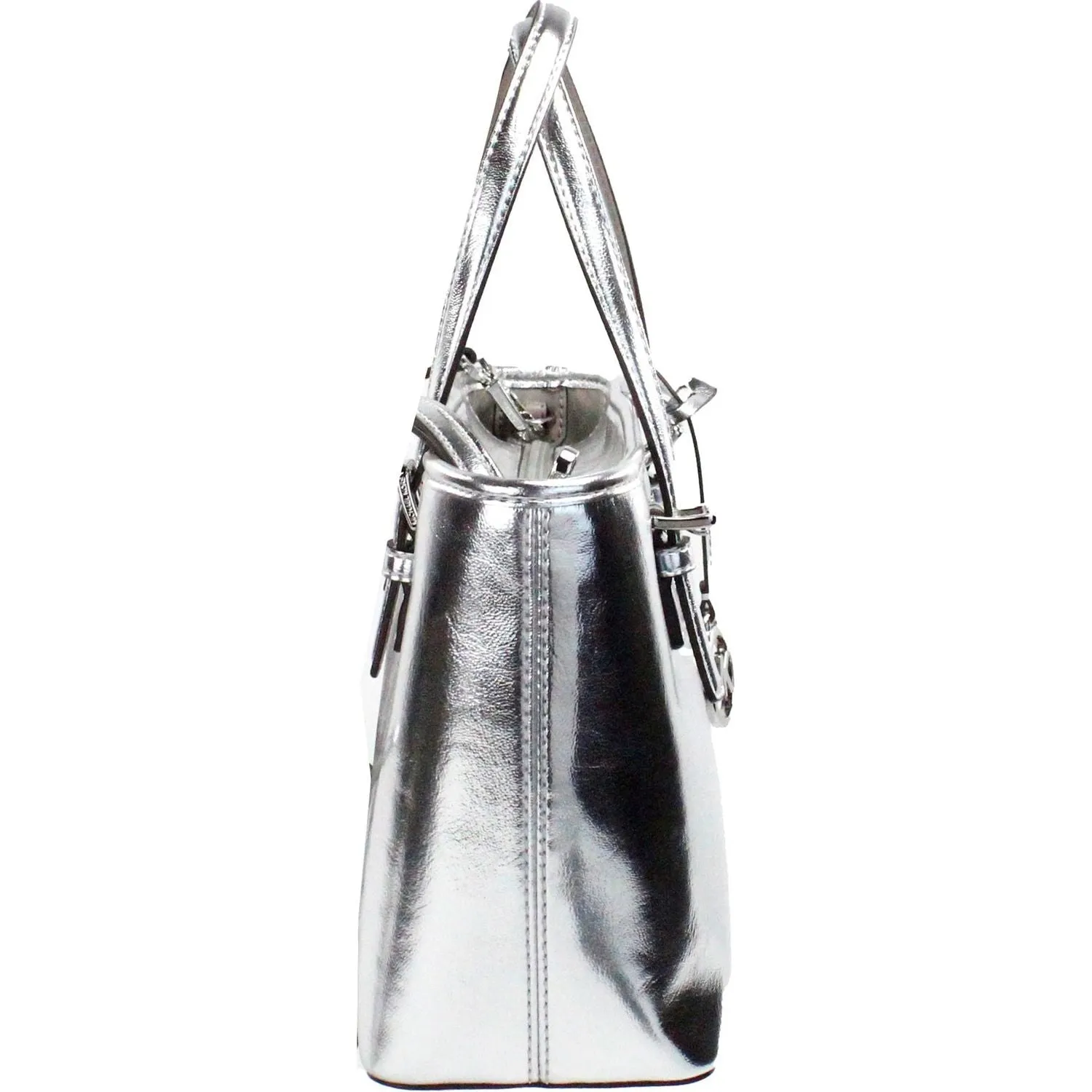 Michael Kors Jet Set Silver Metallic XS Carryall Top Zip Tote Bag Purse