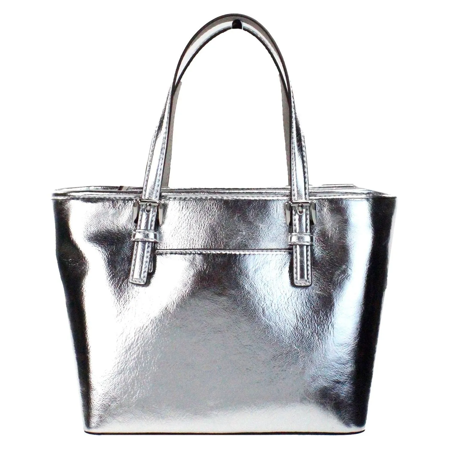 Michael Kors Jet Set Silver Metallic XS Carryall Top Zip Tote Bag Purse