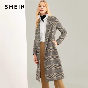 Multicolor Notched Neck Plaid Coat Highstreet Long Sleeve Outerwear