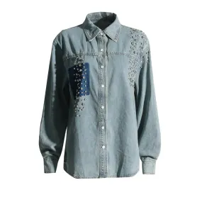 Patchwork Diamonds Temperament Denim Jackets For Women Lapel Long Sleeve Spliced Single Breasted Chic Jacket Female