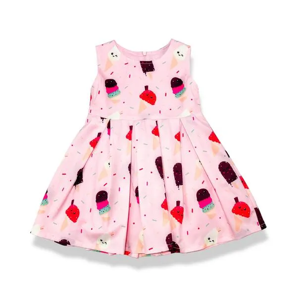 Pink Color Ice Cream Print Pleated Dress