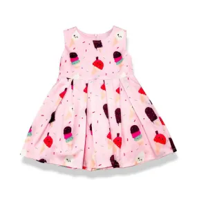 Pink Color Ice Cream Print Pleated Dress