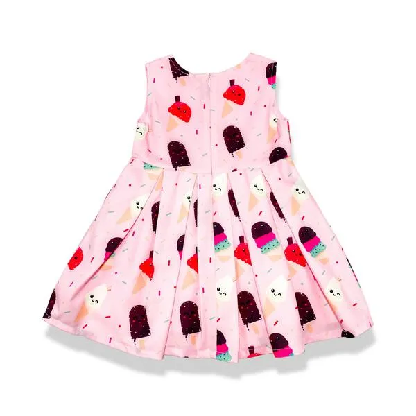 Pink Color Ice Cream Print Pleated Dress