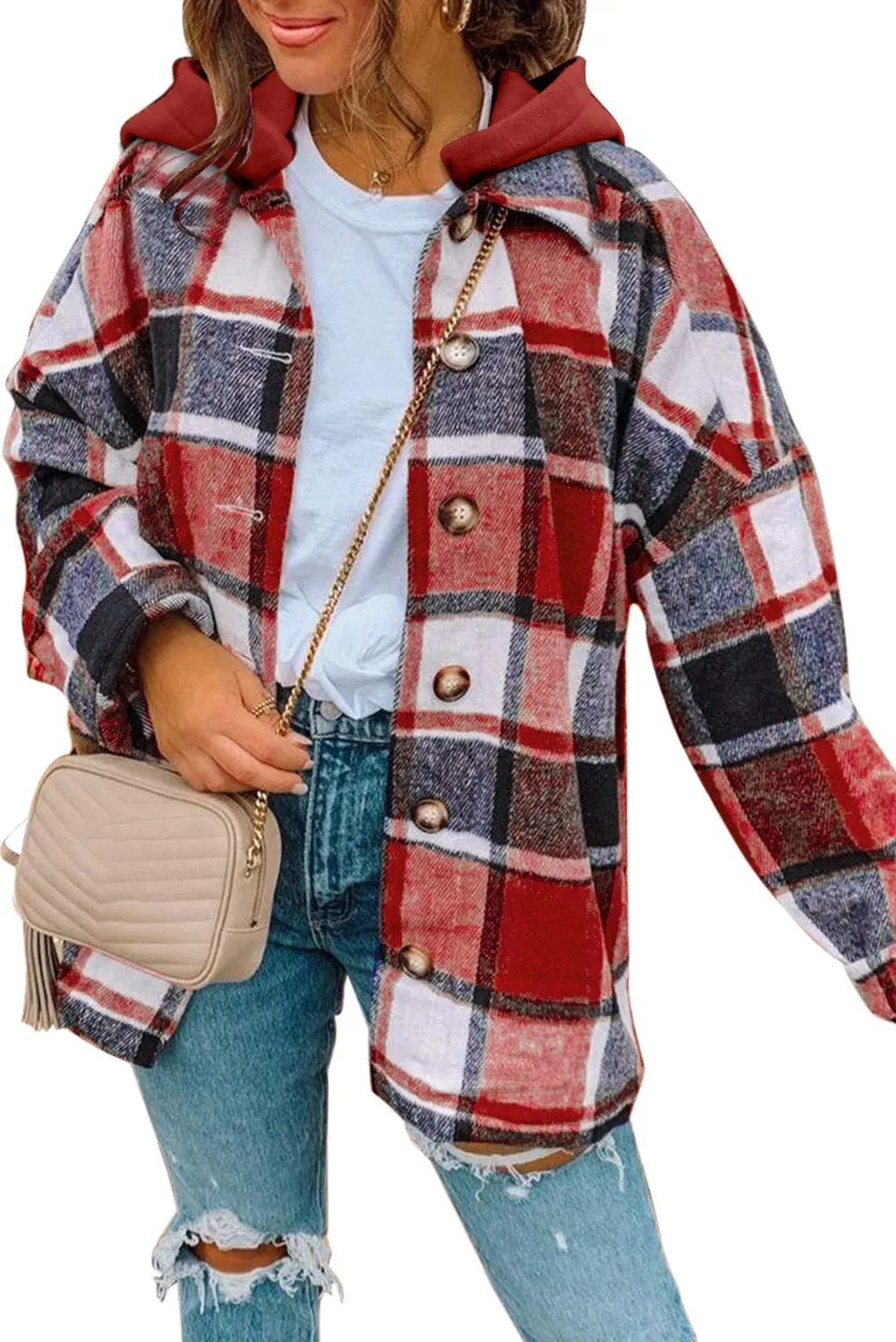 Plaid Button Front Hooded Shacket