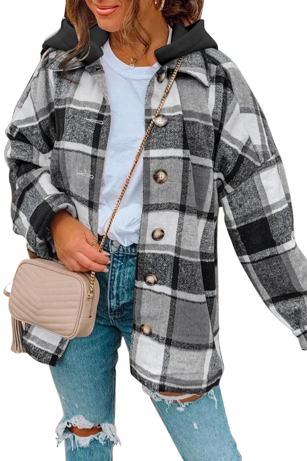 Plaid Button Front Hooded Shacket