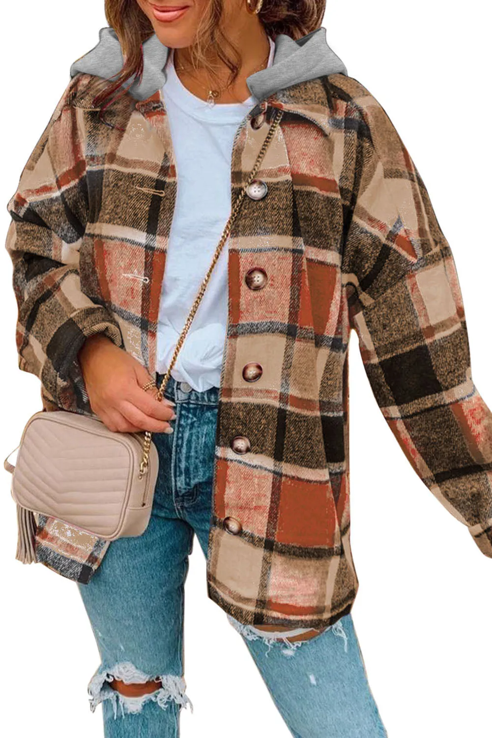 Plaid Button Front Hooded Shacket