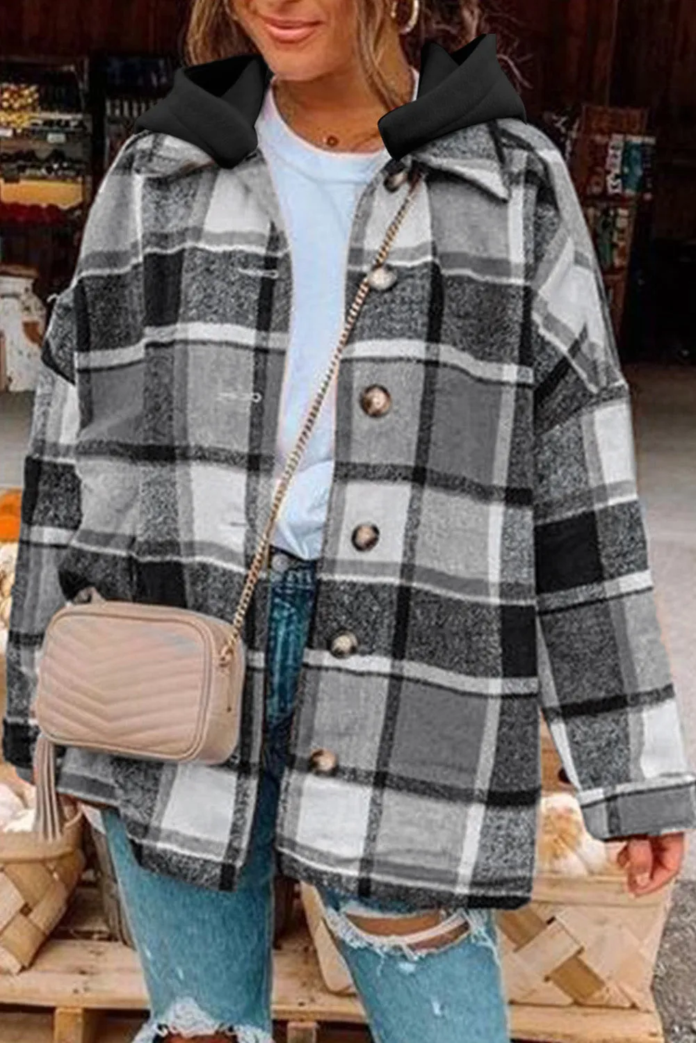 Plaid Button Front Hooded Shacket