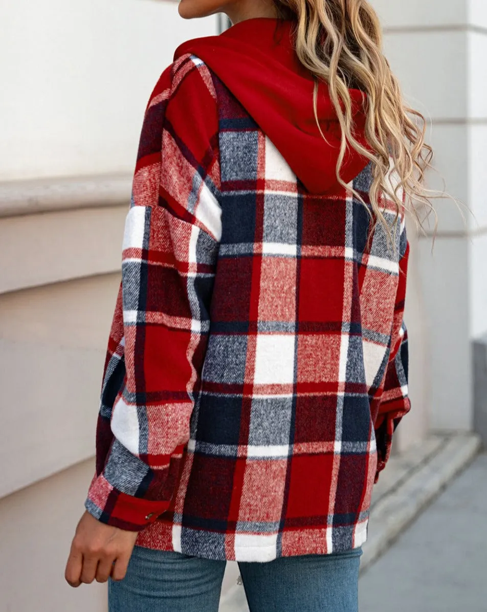 Plaid Button Front Hooded Shacket