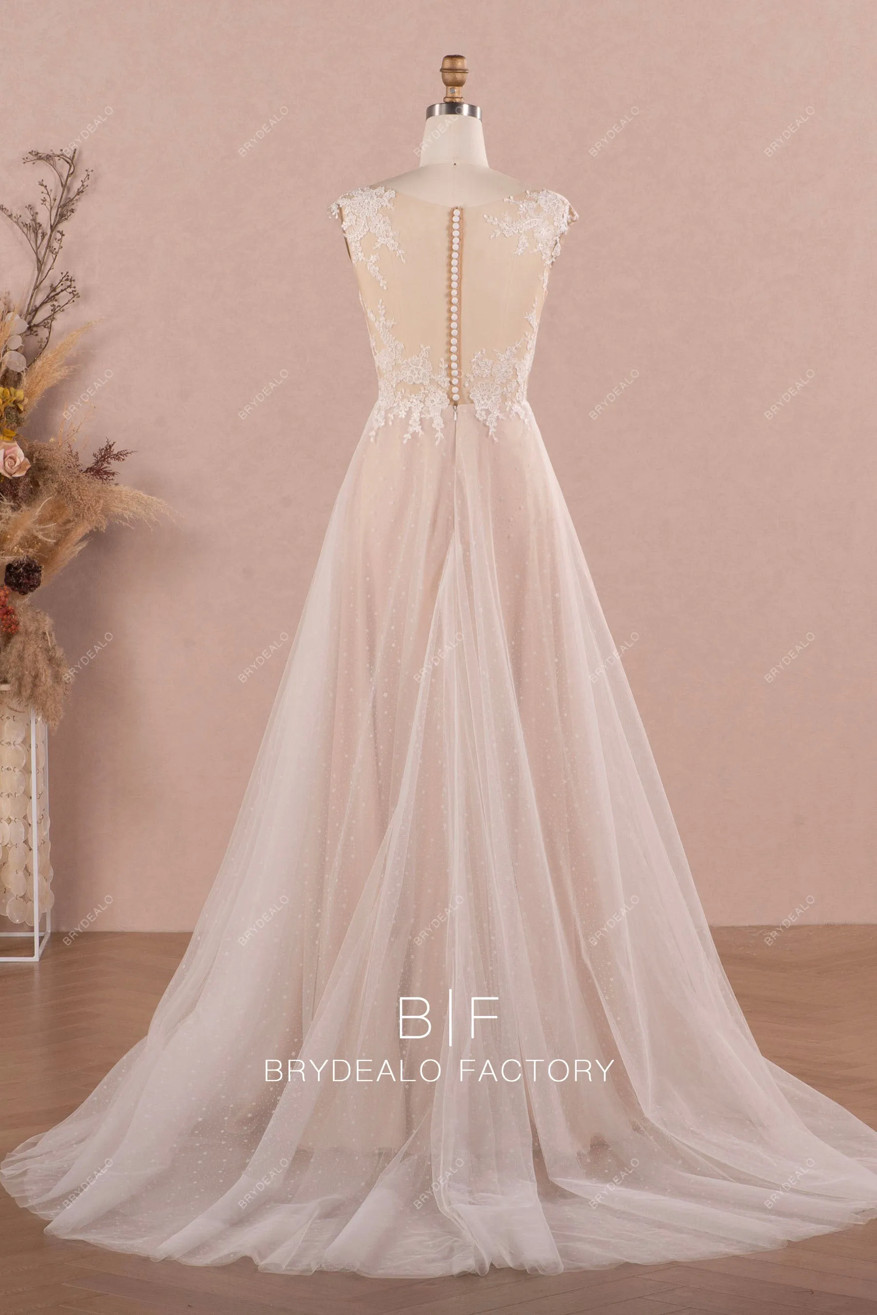 Pleated Plunging Neck Flower Lace Spring Summer Nude Boho Bridal Gown