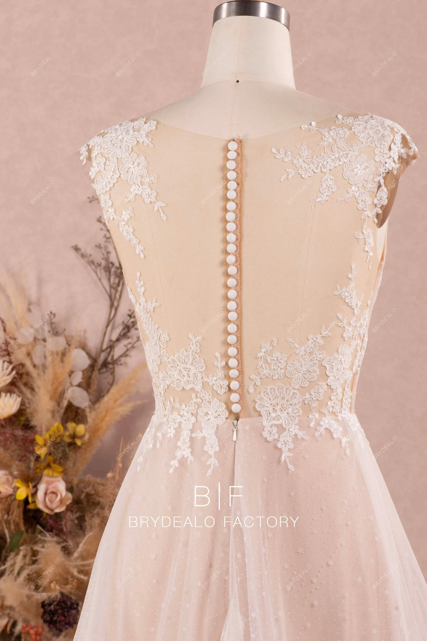 Pleated Plunging Neck Flower Lace Spring Summer Nude Boho Bridal Gown