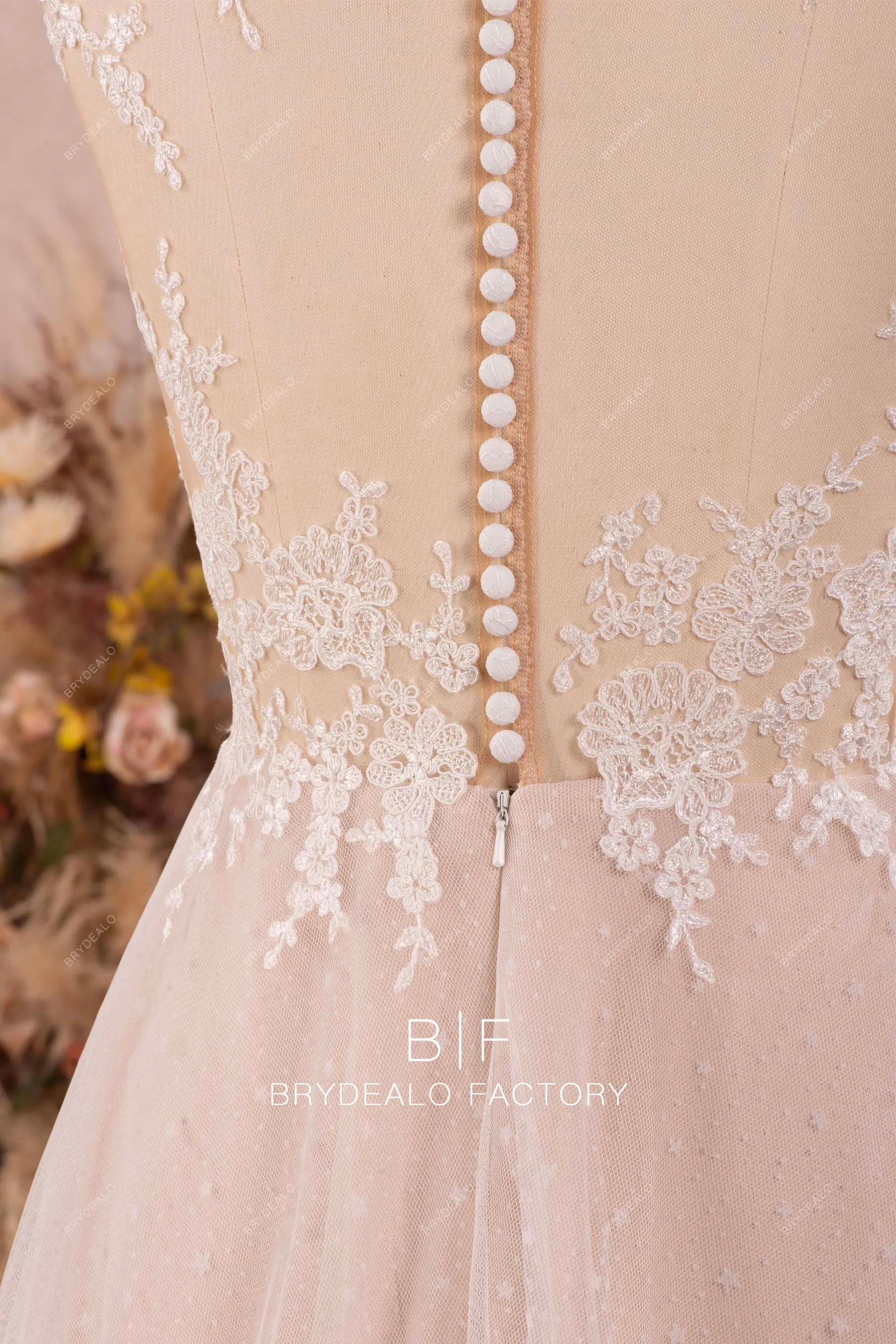 Pleated Plunging Neck Flower Lace Spring Summer Nude Boho Bridal Gown