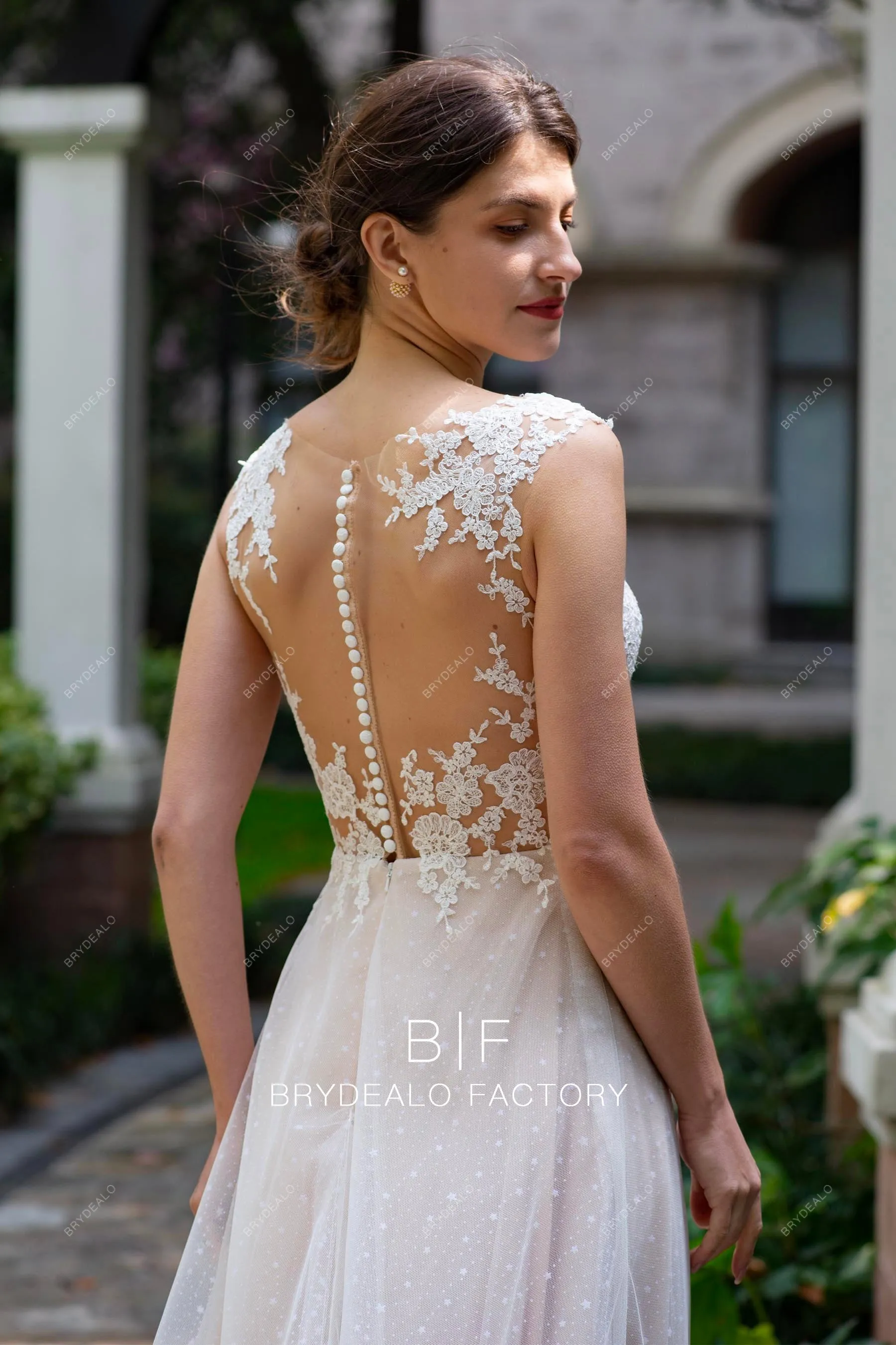 Pleated Plunging Neck Flower Lace Spring Summer Nude Boho Bridal Gown