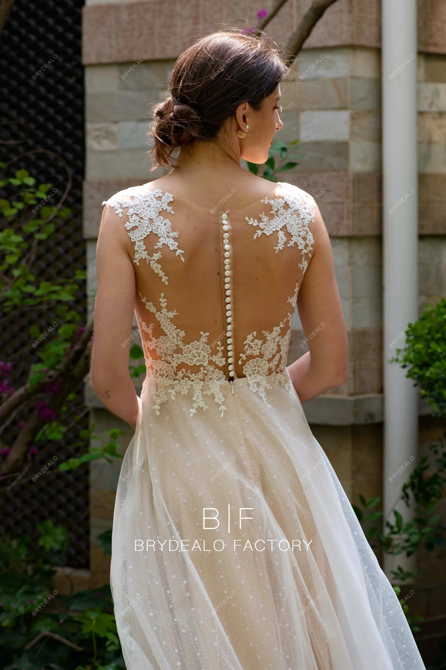 Pleated Plunging Neck Flower Lace Spring Summer Nude Boho Bridal Gown