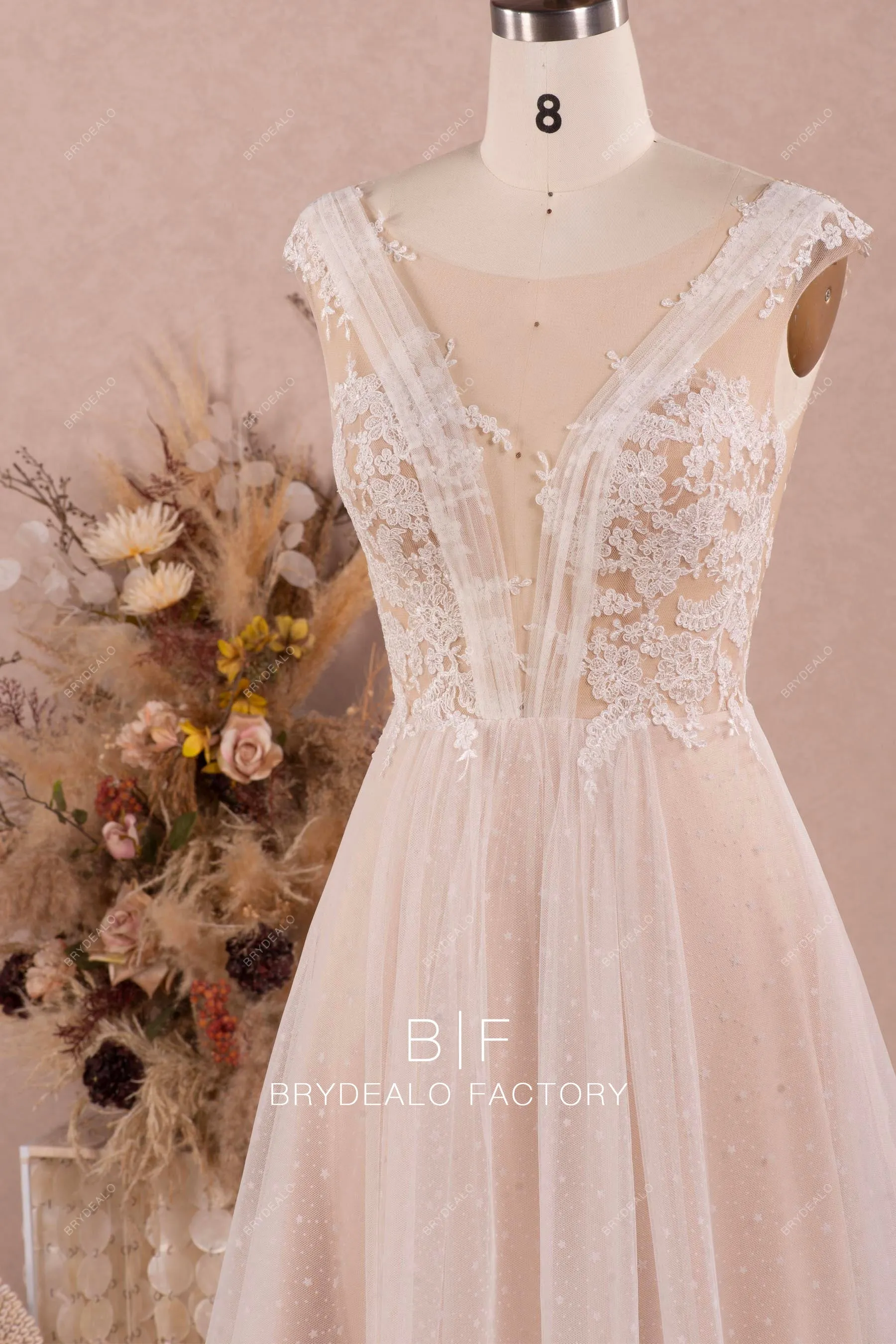 Pleated Plunging Neck Flower Lace Spring Summer Nude Boho Bridal Gown