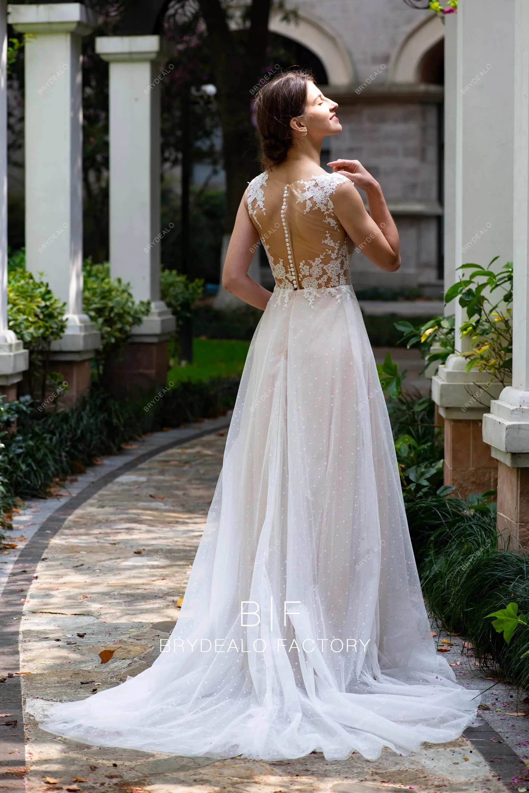 Pleated Plunging Neck Flower Lace Spring Summer Nude Boho Bridal Gown