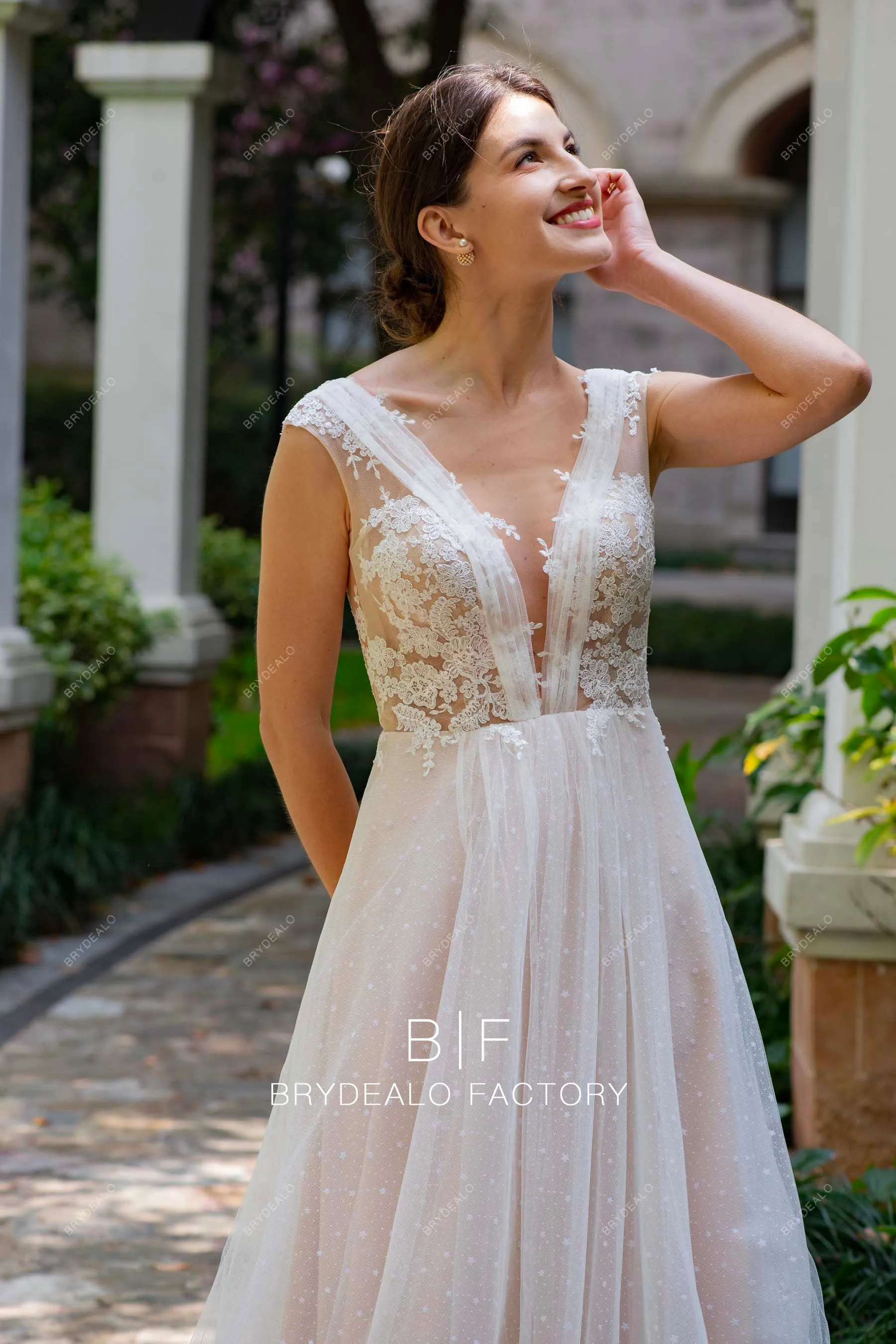 Pleated Plunging Neck Flower Lace Spring Summer Nude Boho Bridal Gown