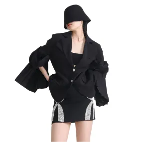 Pleated Solid Blazers For Women Notched Collar Long Sleeve Patchwork Button Solid Blazer Female Fashion Clothing