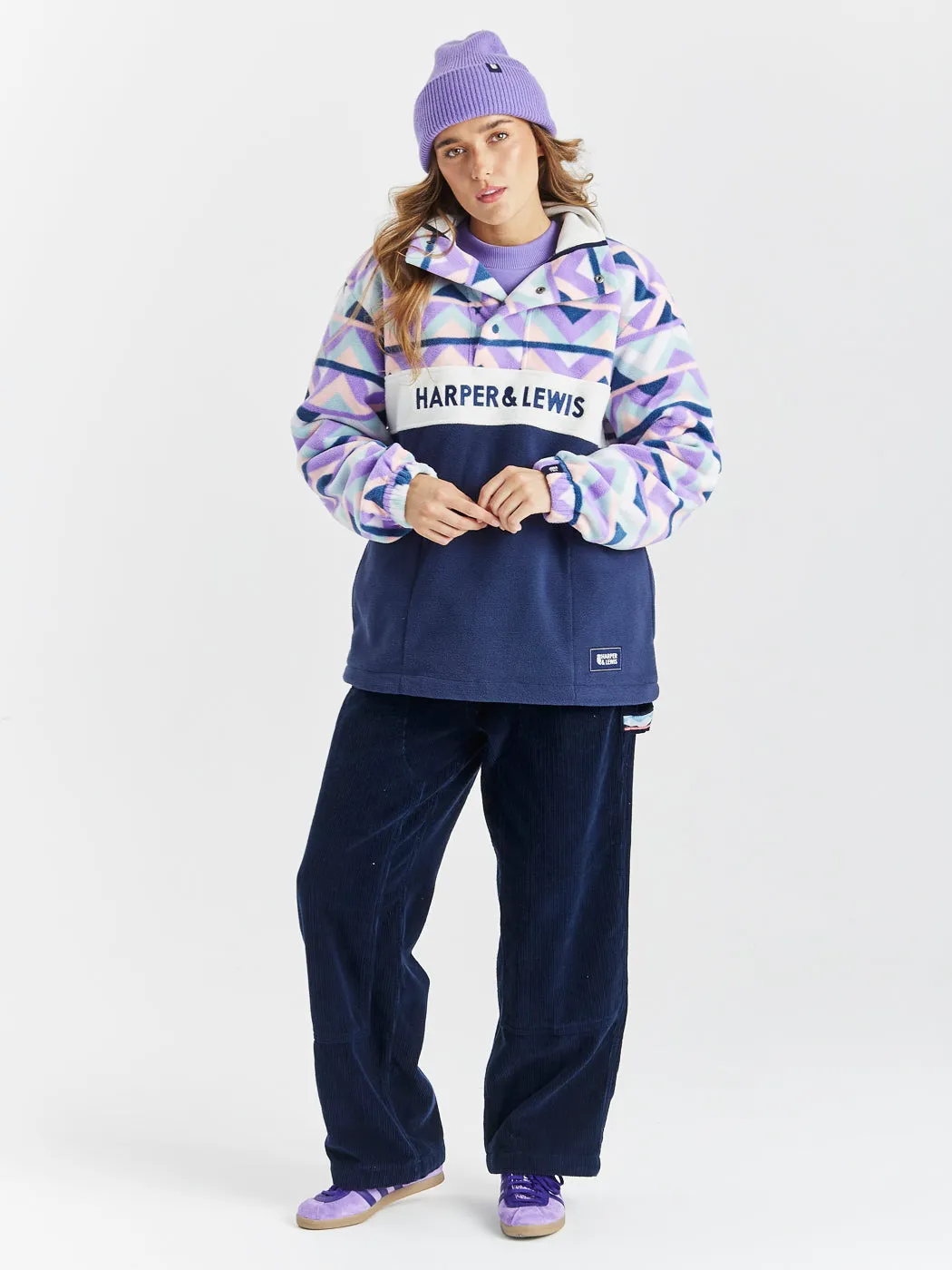 Polar Retro Pattern Popper Neck Fleece Aztec & Navy