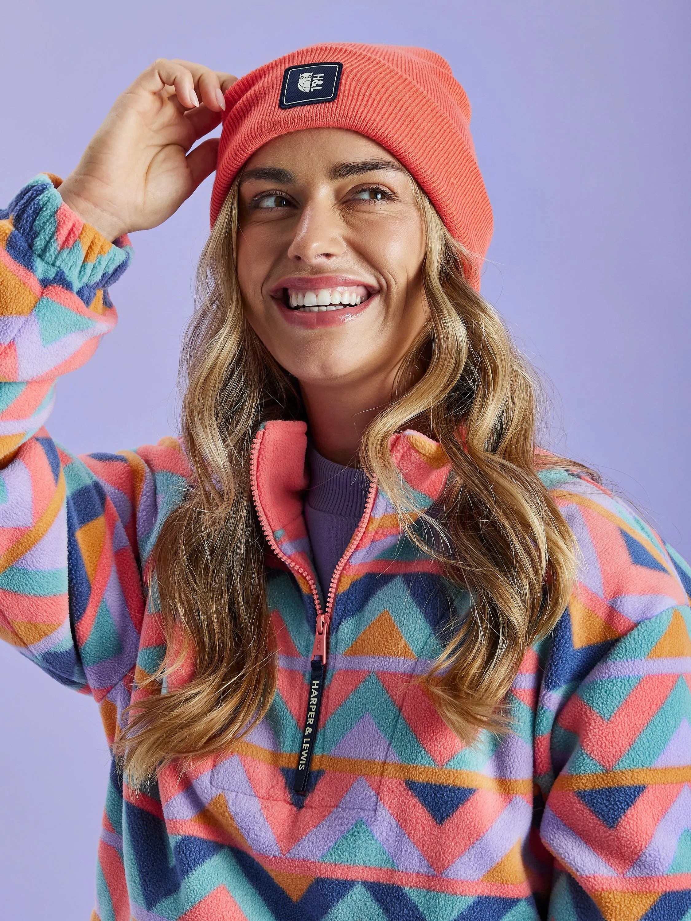 Raver Retro Pattern 1/4 Zip Fleece Coral & Airforce