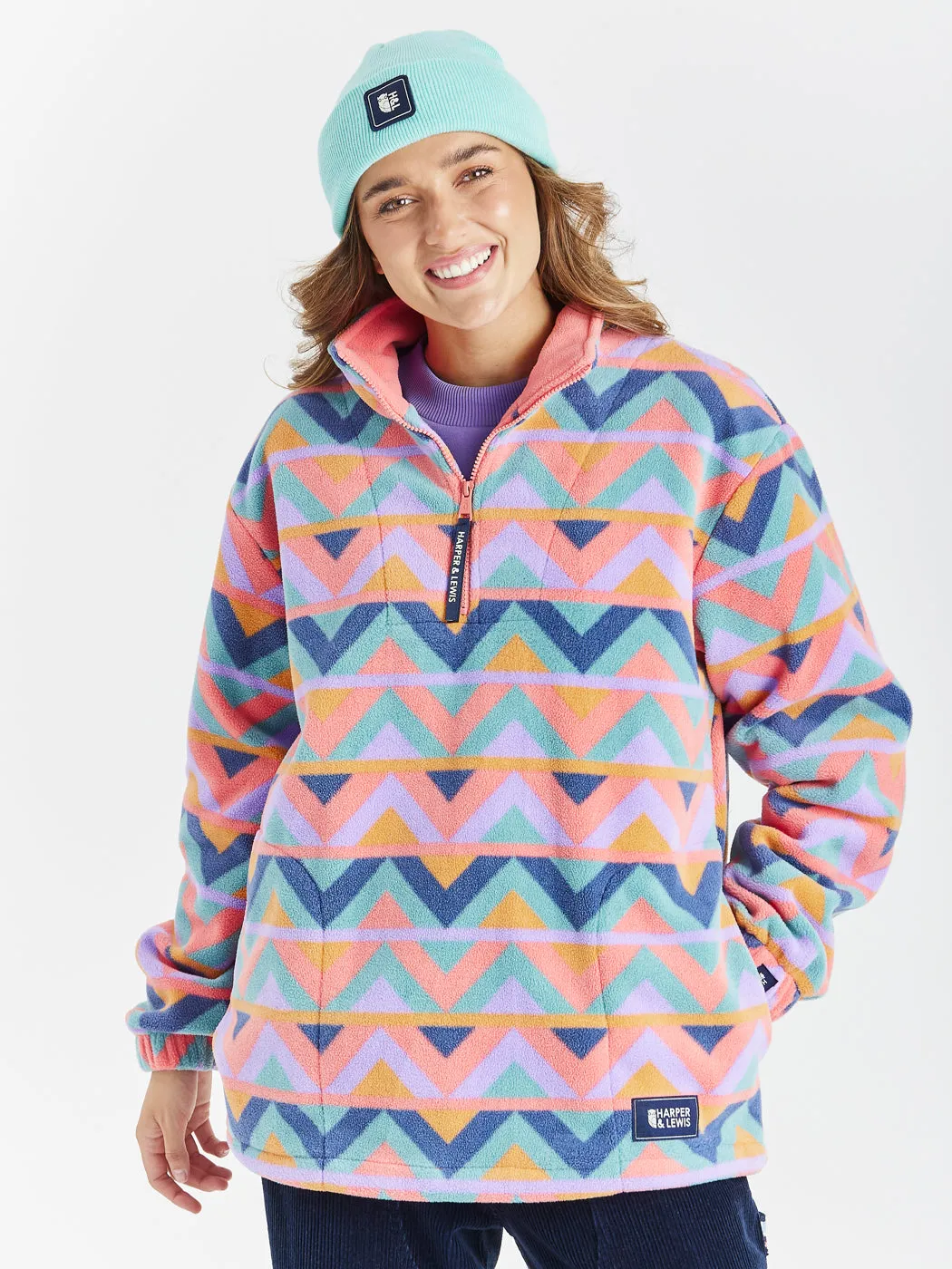 Raver Retro Pattern 1/4 Zip Fleece Coral & Airforce