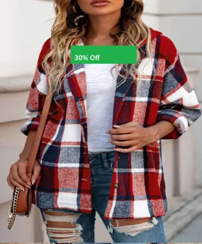 Red Hooded Plaid Button Front Shacket