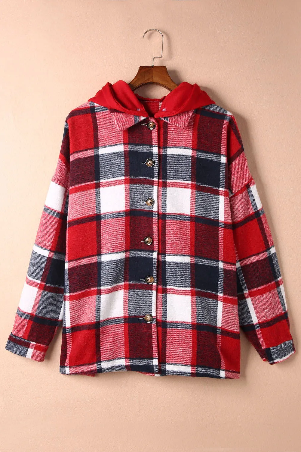 Red Plaid Button Front Hooded Shacket