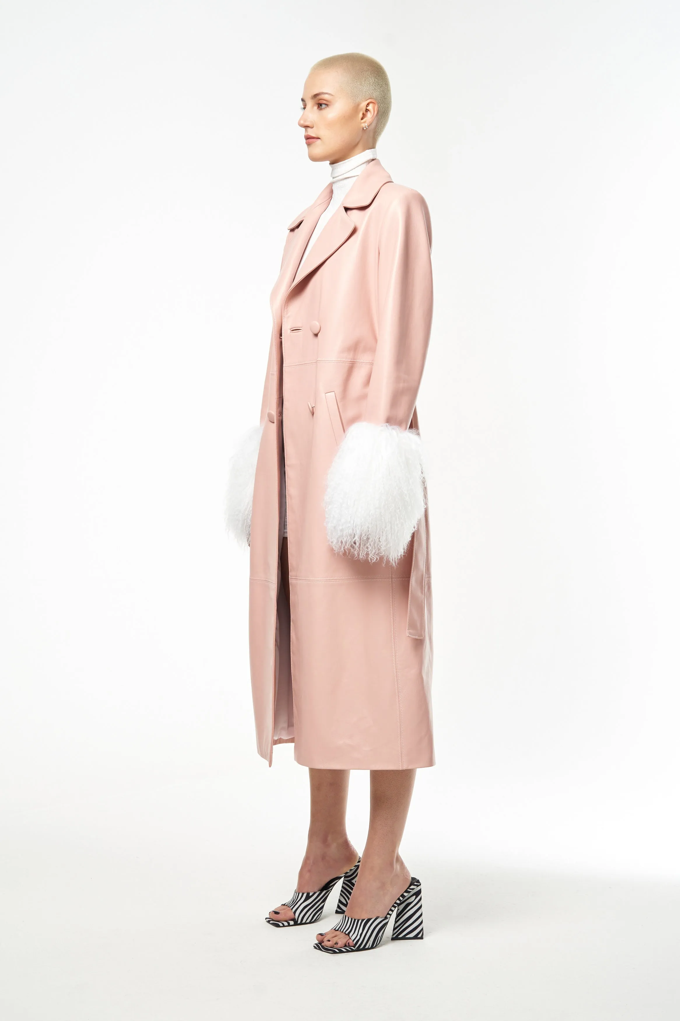 ROSE QUARTZ BABY PINK LEATHER TRENCH COAT