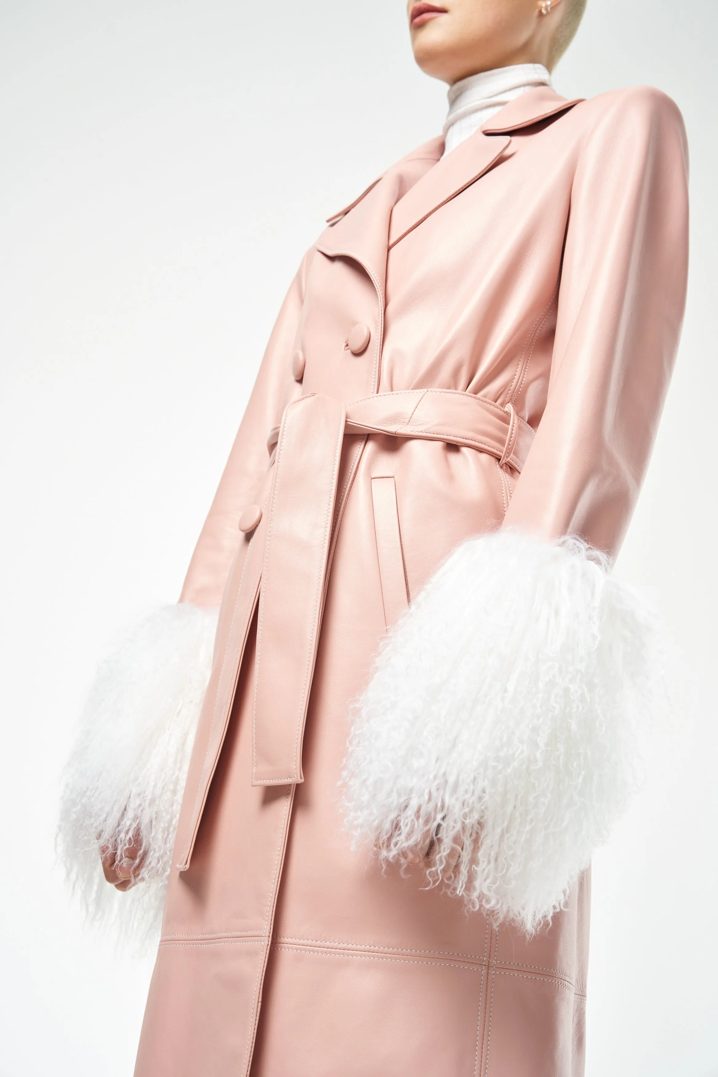 ROSE QUARTZ BABY PINK LEATHER TRENCH COAT