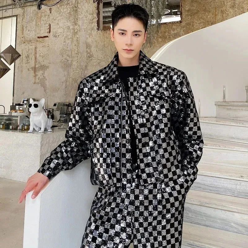 Sequin Embroidered Plaid Short Men's Jacket Chic Design Lapel Zipped Short Coat Autumn Oversized Clothing 9Y9983