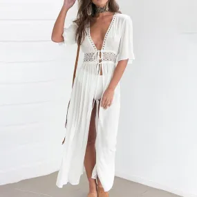 Sexy Deep V-Neck Summer Cardigan Coat Hollow Out Lace Up Beach Dress