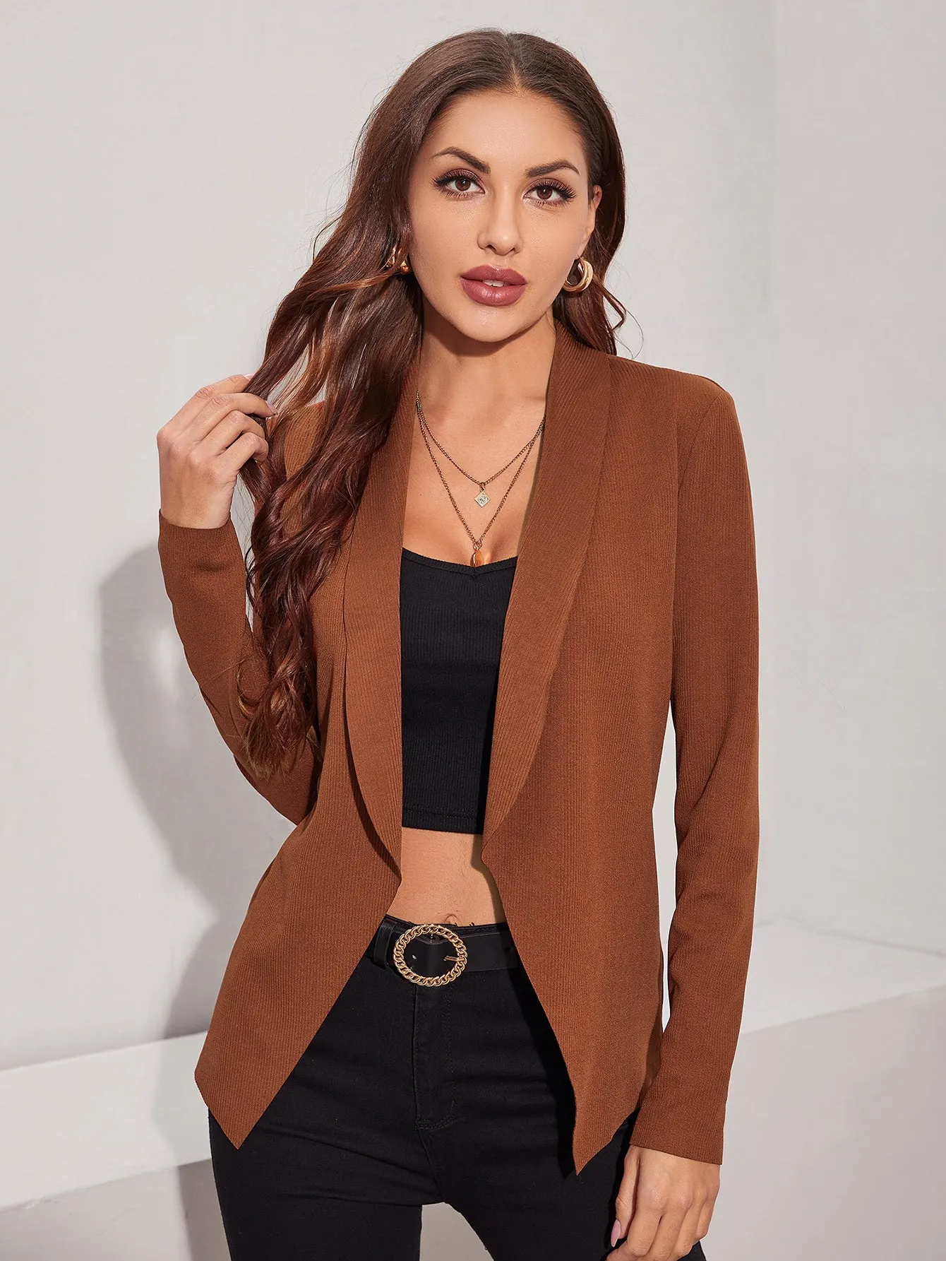 SHEIN Clasi Shawl Neck Open Front Solid Coat