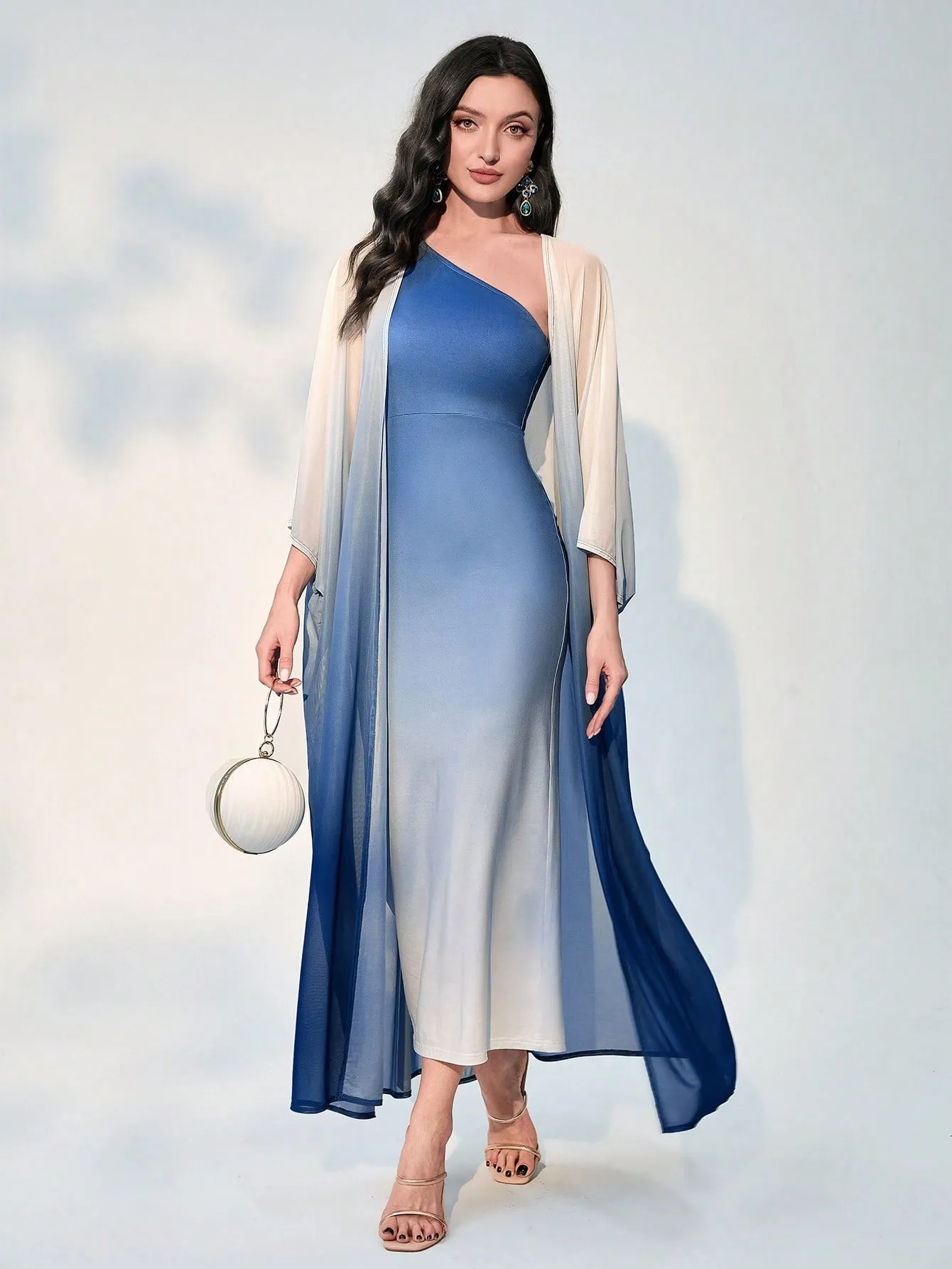 SHEIN Modely Ombre One Shoulder Dress With Coat