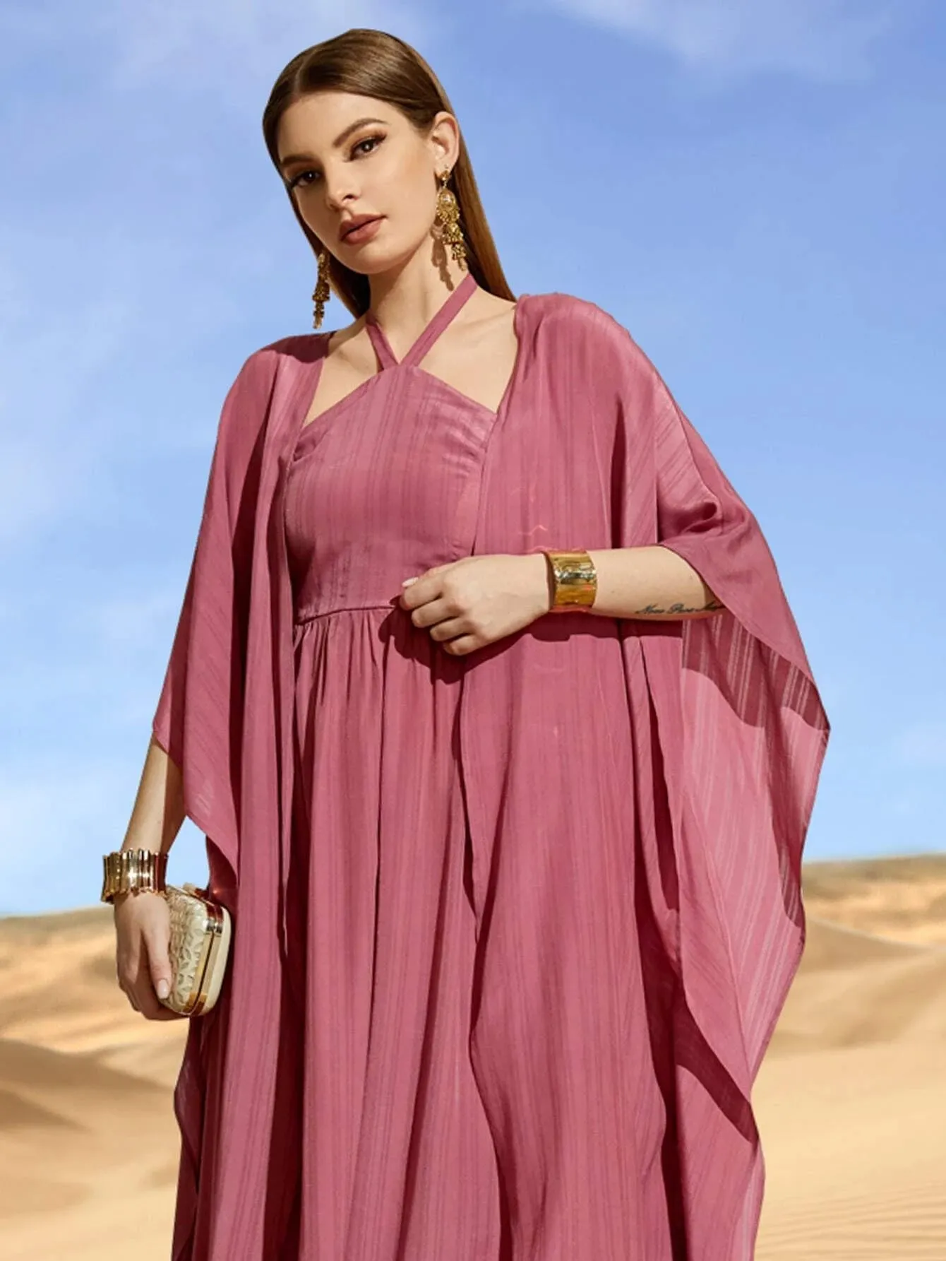 SHEIN Najma Batwing Sleeve Open Front Coat & Tie Back Dress