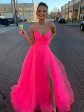 Simple A Line V Neck Coral Tulle Long Prom with High Split, V Neck Coral Formal, Coral Evening