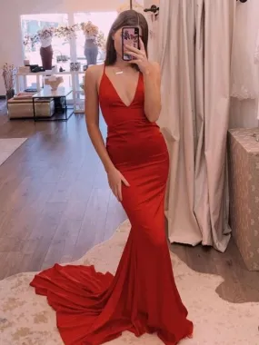 Simple V Neck Mermaid Red Satin Long Prom, V Neck Mermaid Red Formal, Mermaid Red Evening