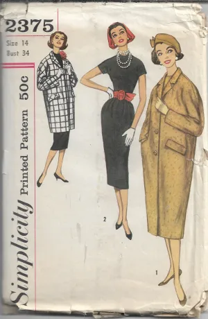 Simplicity 2375 Sheath Dress Coat Vintage Sewing Pattern 1960s