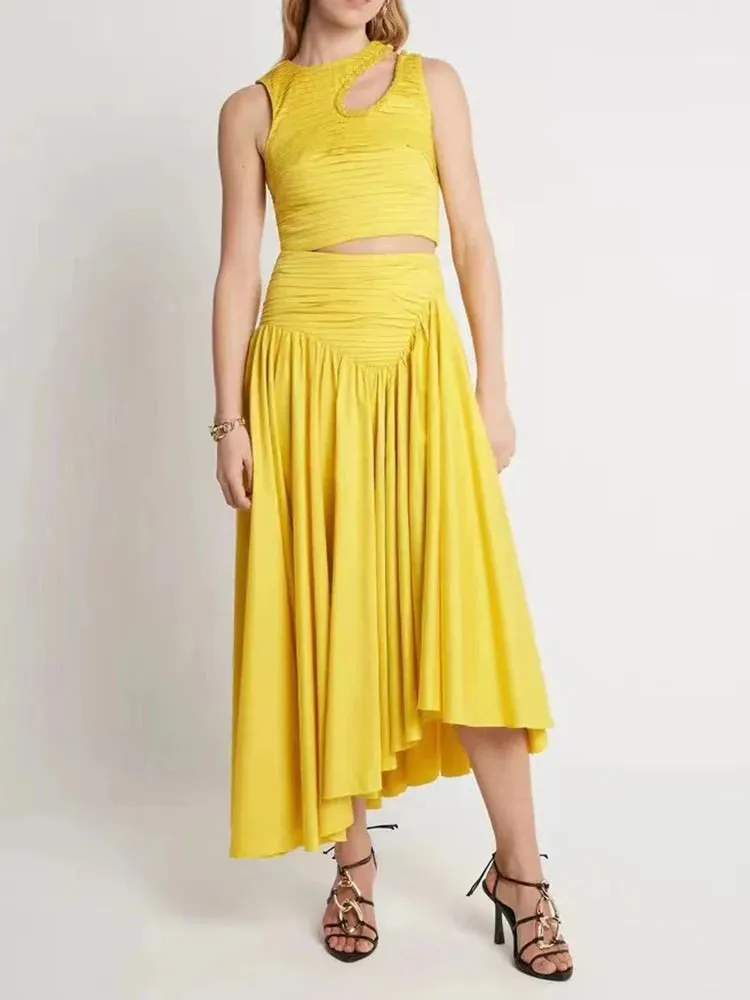 Slim Two Piece Sets For Women Round Neck Sleeveless Hollow Out Pleat Crop Tops Irregular Hem Pleated Skirt Solid Set Female