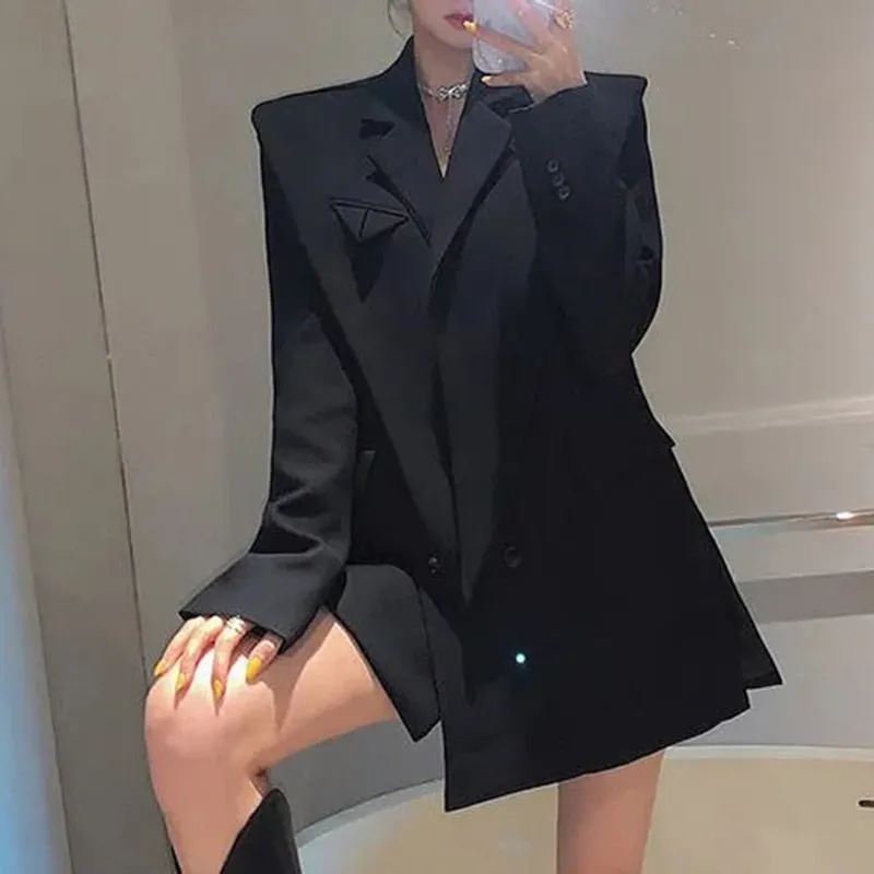 Solid Color Shoulder Pads Blazer For Women Long Sleeves Patchwork Irregular Suits Female Spring Fashion