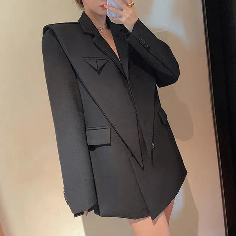 Solid Color Shoulder Pads Blazer For Women Long Sleeves Patchwork Irregular Suits Female Spring Fashion